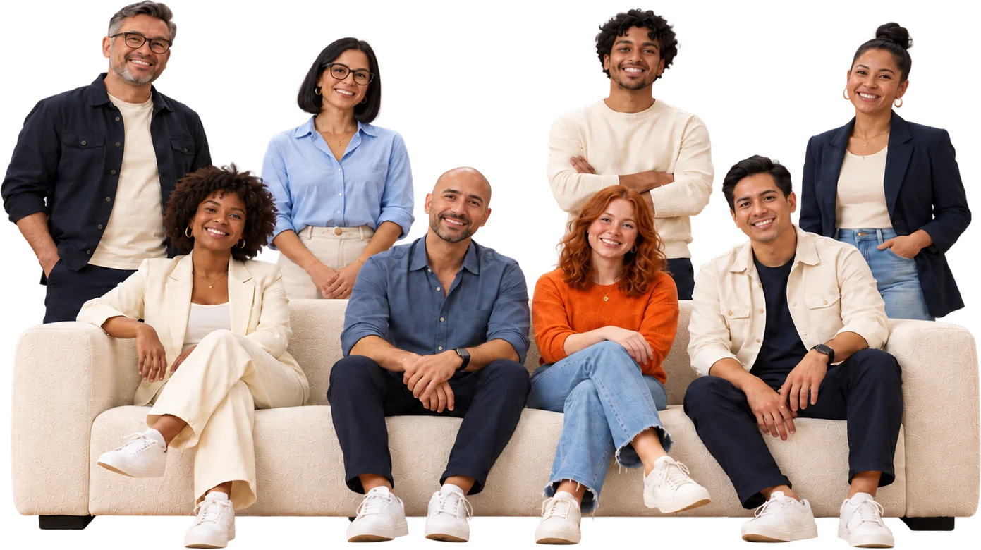 People smiling on a sofa, We Find Up campaign image